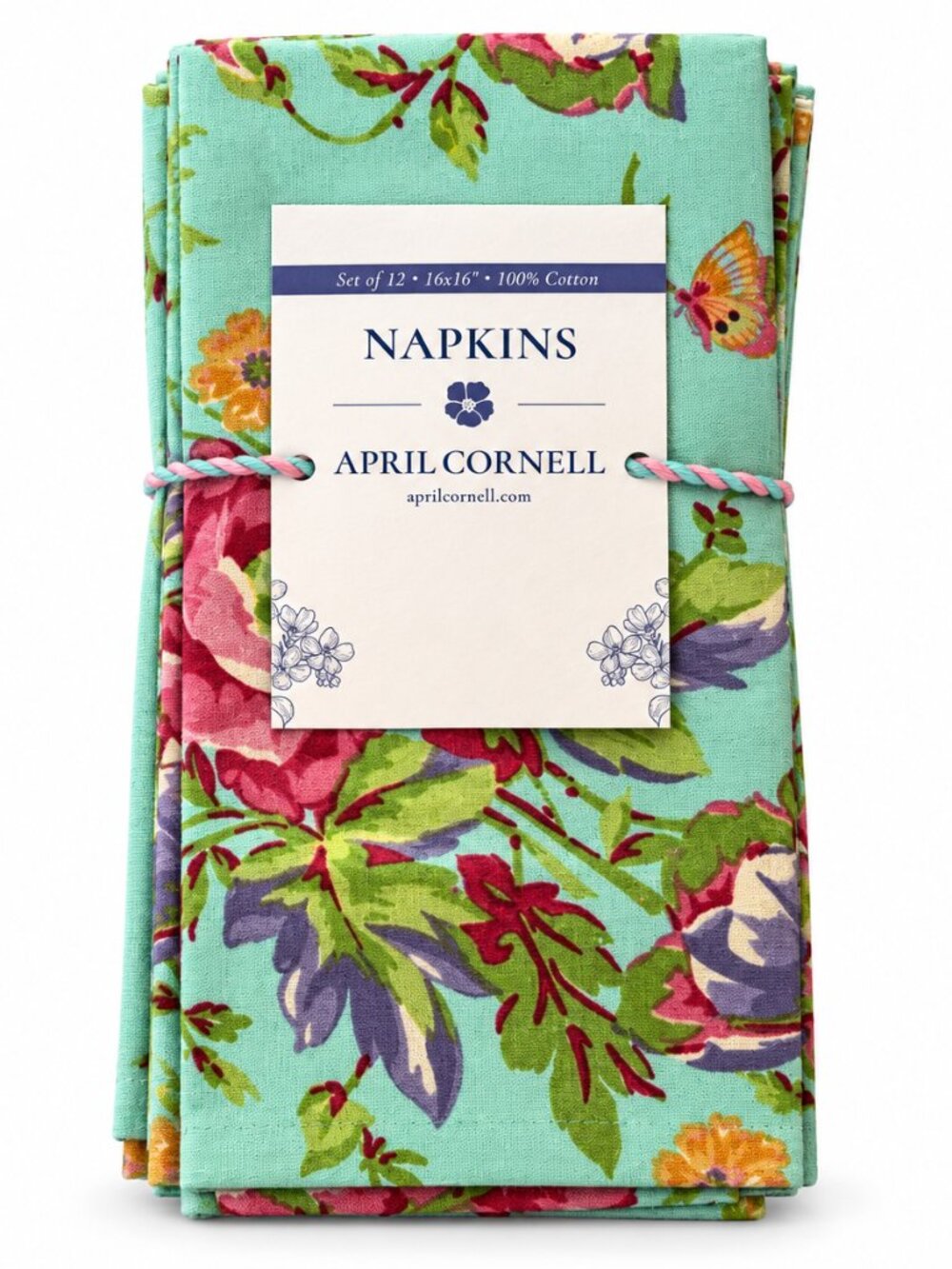 April Cornell Penny's Patio Teal Pink Multi Floral 100% Cotton Napkins Set of 12